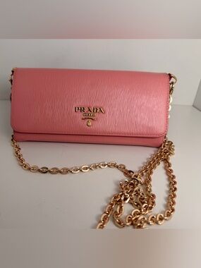 Prada Pink Saffiano Crossbody Wallet with Gold Chain